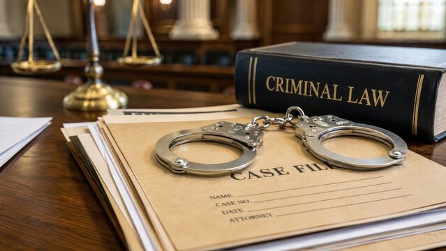 Handcuffs rest on a case file beside a criminal law book with scales of justice on a wooden courtroom desk