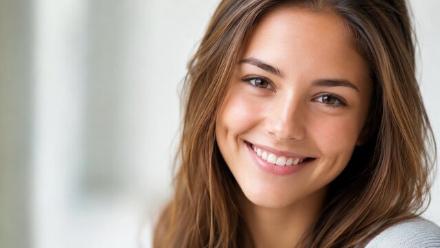 Close-up portrait of a smiling young woman with brown hair, clear skin, natural makeup and warm soft lighting