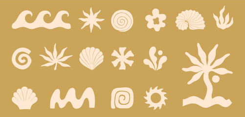 Obraz na płótnie Canvas Boho coastal summer icon set with abstract waves,seashells,palm tree,coral,organic shapes and forms.Retro surf aesthetic.Minimal tropic clipart for surf branding,logos,packaging,stickers,social media