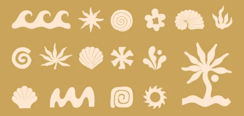 Boho coastal summer icon set with abstract waves,seashells,palm tree,coral,organic shapes and forms.Retro surf aesthetic.Minimal tropic clipart for surf branding,logos,packaging,stickers,social media © Xenia Artwork 