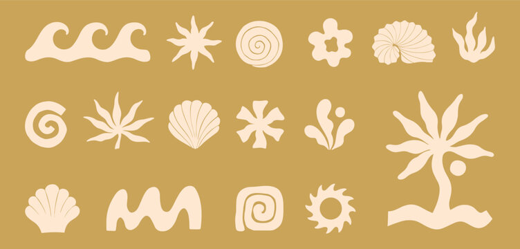 Boho coastal summer icon set with abstract waves,seashells,palm tree,coral,organic shapes and forms.Retro surf aesthetic.Minimal tropic clipart for surf branding,logos,packaging,stickers,social media