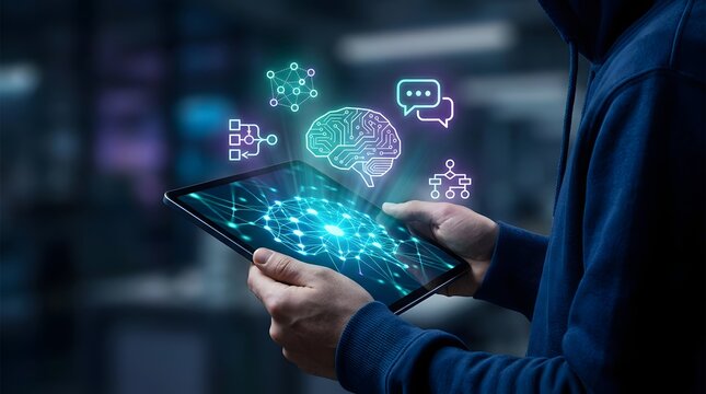 Artificial intelligence concept person holding tablet with neural network and chatbot graphics