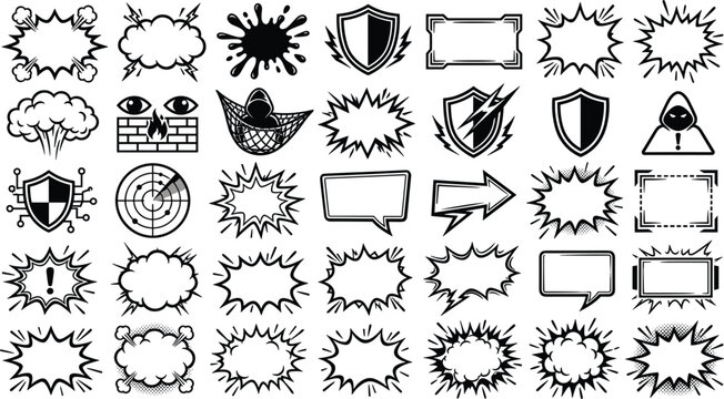 Hand drawn cyber security icons comic speech bubbles shields hacker firewall radar explosion frames doodle sketch vector set