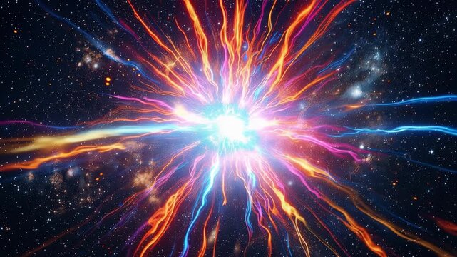 Cosmic explosion with vibrant energy beams and starry space background 4k video
