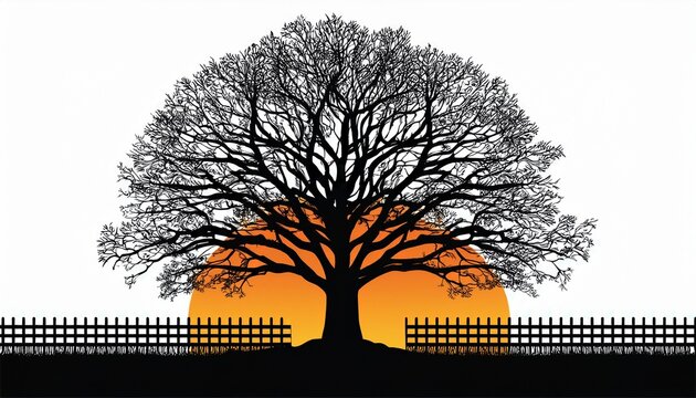 black silhouette of a large tree with a fence and sun background