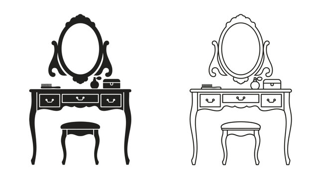 Dressing Table Silhouette With Mirror And Stool Black And White