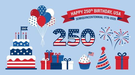 Digital vector illustration featuring a celebratory set of patriotic icons for the upcoming two hundred fiftieth anniversary of the nation © Firdaus