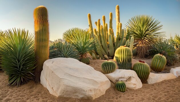 lively desert garden various cacti and succulent plants thrive amid white rocks showcasing green colors and striking shapes against a warm sandy backdrop