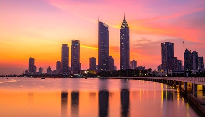 Naklejka premium Colorful Waterfront City Skyline at Sunset on Warm Orange and Pink Gradient Sky Background, Vibrant Urban Landscape with Golden Evening Light Reflection