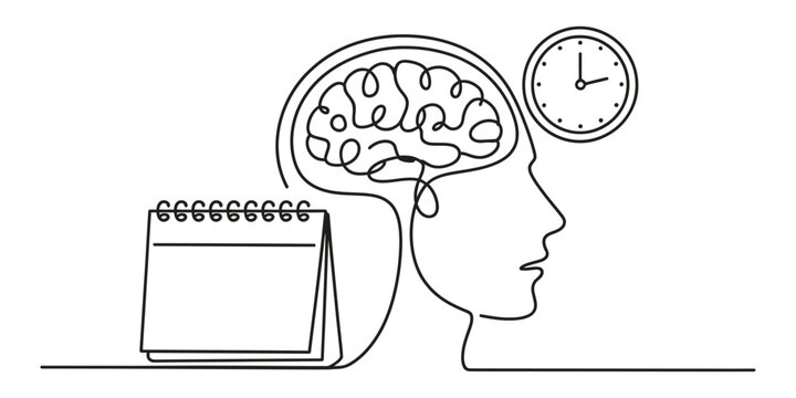 Continuous line drawing of a human head with a brain clock and calendar