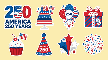 Colorful vector illustration set featuring patriotic American anniversary elements like birthday cakes balloons gift boxes cupcakes and festive party hats © Firdaus