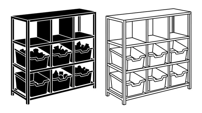 Cubby shelving unit black and white line drawing illustration