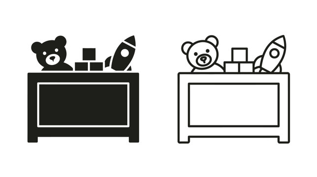 Toy Rocket Teddy Bear And Dresser Silhouette On White Background