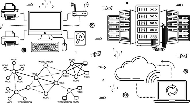 Computer Network Server Rack Data Center Cloud Computing And Node Infrastructure Line Art