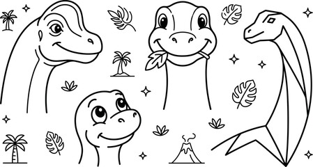 Cute Brachiosaurus Dinosaur Character Head Collection Prehistoric Line Art Icon Vector Set © PJ DeSign