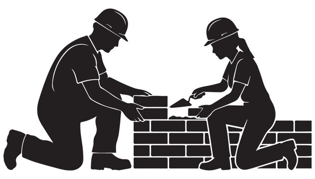 Construction worker silhouette vector, professional bricklayers building a brick wall, masonry contractors with hard hats and trowel tools