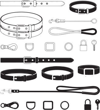Set of black leather watch straps and metal buckles with tools Vector
