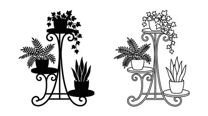 Plant stands with potted foliage black and white silhouette illustration © Design Bari