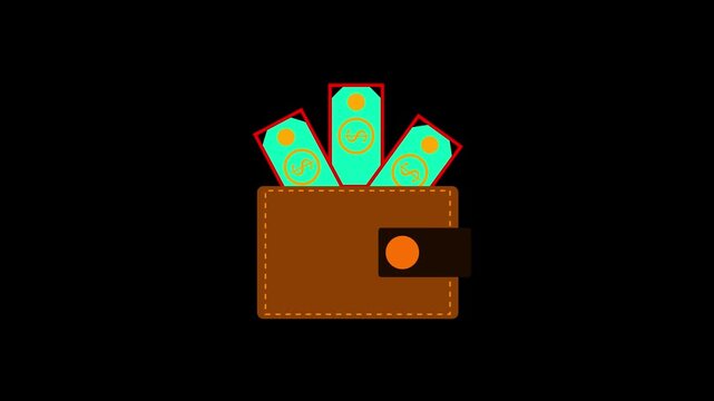 Animated Doller and wallet icon. business profit, money-wallet icon animation. A flat design illustration of a leather wallet with cash money bills sticking out. on a black background, 4k video.