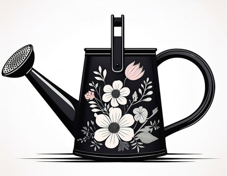 black watering can with flowers and leaves in floral design