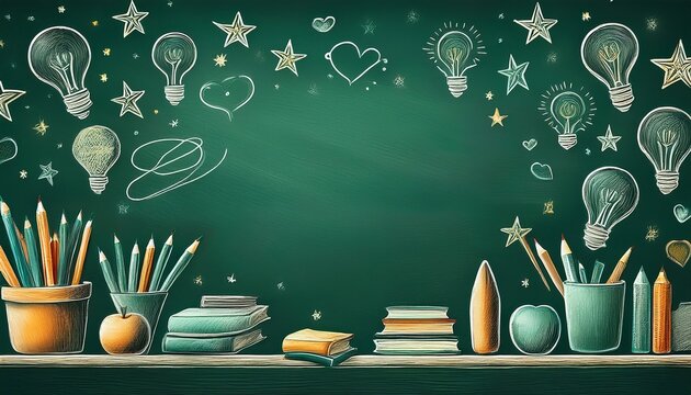 a green chalkboard background with white chalk doodles of school supplies including light bulbs books stars and hearts perfect for a back to school theme back to school