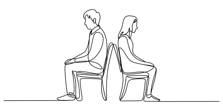 Continuous line drawing, isolated people sitting on chairs, back to back, minimalist illustration, black and white
