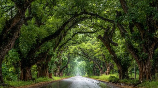 Serene Countryside Road Surrounded by Giant Rain Trees in Lush Greenery