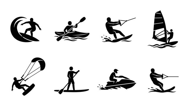 Water Sports Icons Set: Surfing, Kayaking, Wakeboarding, Windsurfing, Kitesurfing, Paddleboarding, Jet Skiing, Water Skiing Vector Graphics