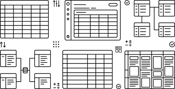 Database Schema Diagram and Spreadsheet Data Table Icon Set for Software Development