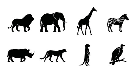 African Safari Wildlife Silhouettes: Lion, Elephant, Giraffe, Zebra, Rhino, Cheetah, Meerkat, Vulture Icons © pixostudio
