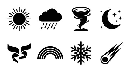 Fototapeta premium Weather Icons Set: Sun, Rain Cloud, Tornado, Moon, Stars, Rainbow, Snowflake, Comet, Vector Graphics