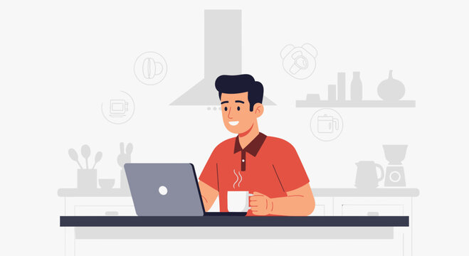 Man working on laptop in kitchen with coffee, flat design vector illustration