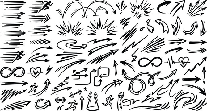 Hand drawn black ink arrow vector set with speed lines comic motion effects energetic running stick figures dynamic pointer icons isolated on white background (২১টি শব্দ)