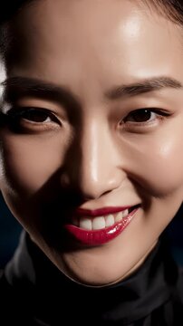 Extreme close up, highly manipulative person flashing a charming, deceitful smile, 4k.