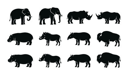 African Wildlife Silhouette Collection: Elephants, Rhinos, Hippos, Warthogs, Bison, Tapirs, Vector Icons for Safari and Zoo Graphics © pixostudio