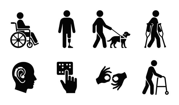 Disability Icons Set: Accessibility Symbols for Wheelchair, Prosthetic Leg, Guide Dog, Crutches, Hearing Aid, Braille, Sign Language, Walker