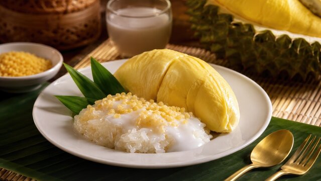Creamy durian served with sweet coconut sticky rice and toasted mung beans on a plate