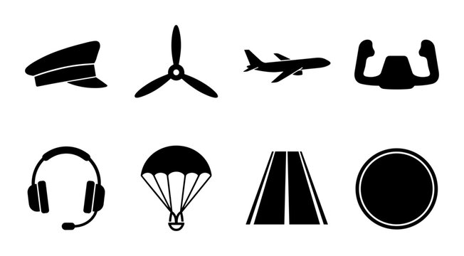Aviation Icons Set, Pilot Gear, Aircraft Elements, Flight Symbols, Transportation Graphics