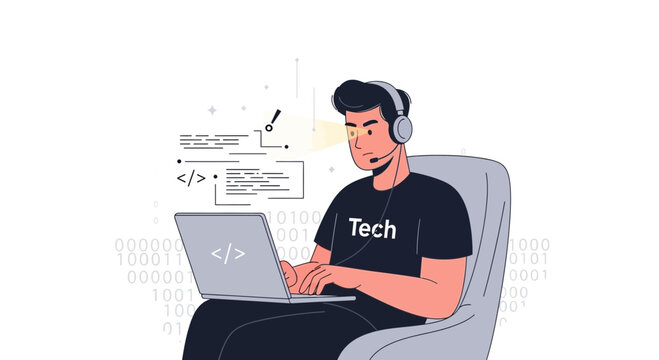 Programmer wearing headset works on laptop with code and binary data, abstract tech background