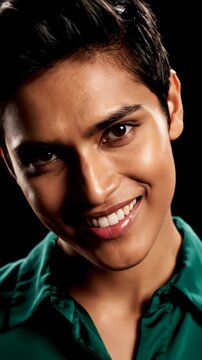 Extreme close up, highly manipulative person flashing a charming, deceitful smile, 4k.