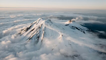 Obraz premium Snow-Covered Mountain Peaks Rising Above Cloud Layer at Sunrise