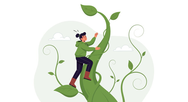 Woman climbing giant beanstalk towards success, symbolizing growth, ambition, and overcoming challenges.