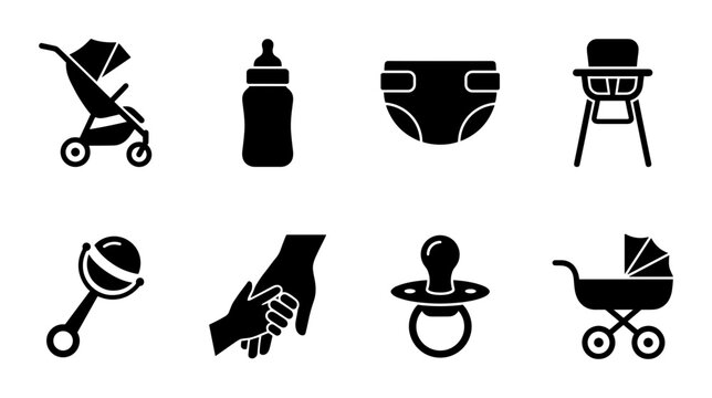 Baby Care Icons Set: Stroller, Bottle, Diaper, High Chair, Rattle, Pacifier, Carriage, Hand Holding