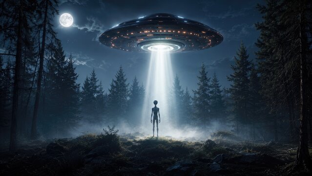 Alien standing in a beam beneath a hovering flying saucer over a misty moonlit pine forest at night