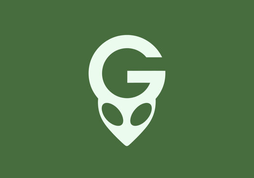 Minimalist green letter G and alien head location pin logo