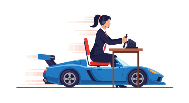 Woman in business suit driving a sports car, working on computer, fast-paced office concept