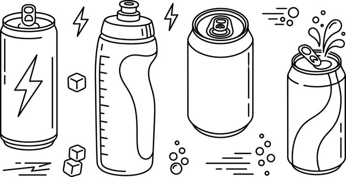 Energy Drink Can and Sports Water Bottle Line Icon Set with Soda Splash and Ice Cube Symbols for Beverage Graphic Designs