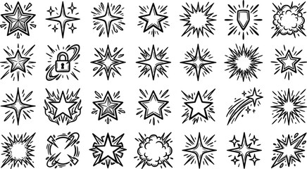 Hand drawn sparkling stars comic burst icons shine sparkle explosion flash shield lock meteor effect doodle vector set © Sukhi