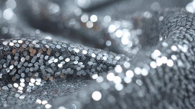 Close-up photograph of brilliant silver sequin fabric background with radiant reflections