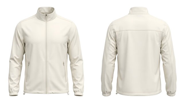 Cream white zip up windbreaker jacket mockup front and back view isolated on white background for clothing brand design
